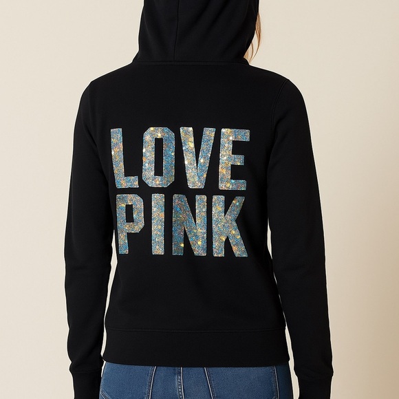 Y2K vintage Victoria's Secret Black Hoodie fur lined with Glitter Accents - Picture 3 of 8